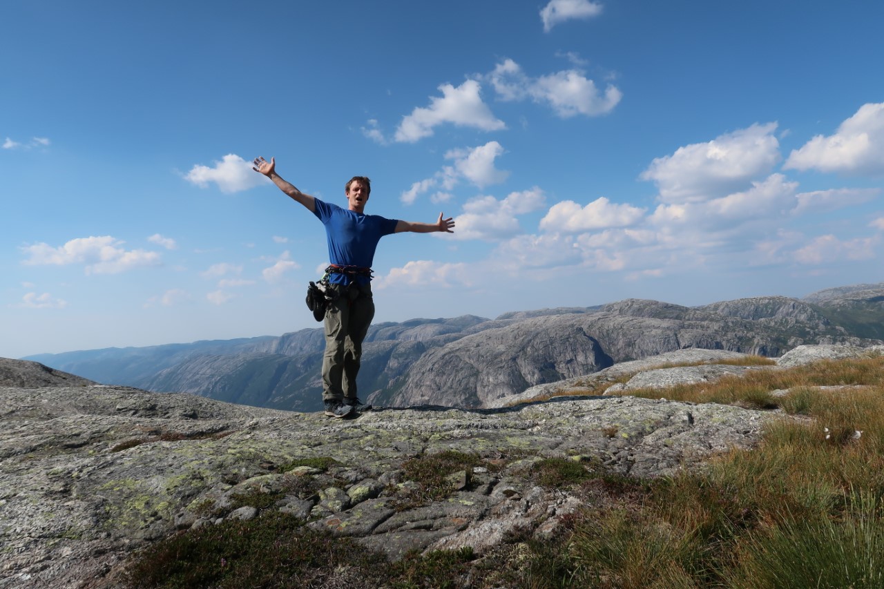 Pete Whittaker on top of the world having soloed the Renshaw/Foulkes route at Kjerag